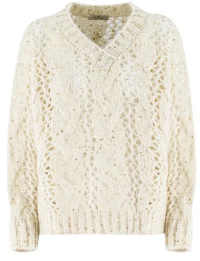 Panicale Textured Knit V-neck Sweater With Sequin Embellishments In Neutrals