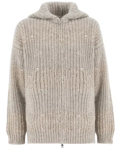 Panicale Textured Knit Zip Jacket With Sequined Detail In Neutrals