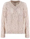 Panicale V-neck Sweater With Intricate Cable Knit In Neutrals