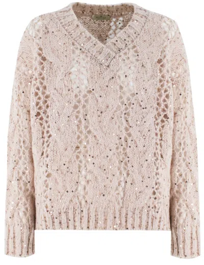 Panicale V-neck Sweater With Intricate Cable Knit In Neutrals