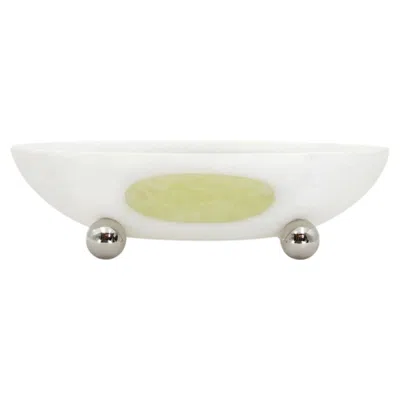 Pre-owned Panorammma Decorative Bowl, Hand-carved Mexican White Onyx With Green Marble Inlay