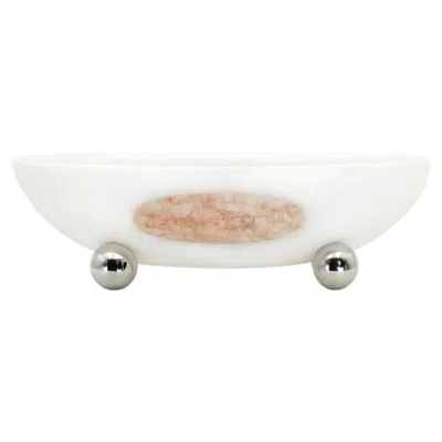 Pre-owned Panorammma Decorative Bowl, Hand-carved Mexican White Onyx With Pink Marble Inlay