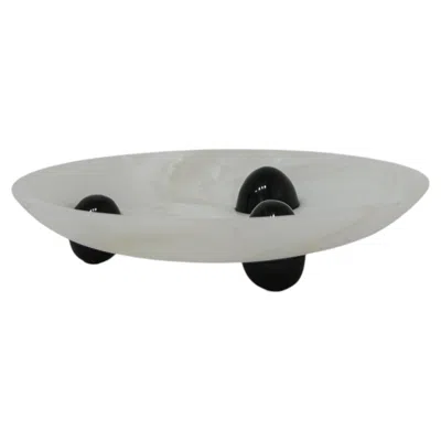 Pre-owned Panorammma Decorative Bowl, Hand-carved White Onyx & Black Marble, Post-modern,