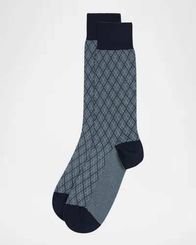 Pantherella Men & Apos;s Kingsley Diamond Check Jacquard Calf-length Socks In Blue