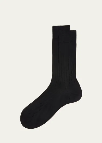 Pantherella Men's Asberley Ribbed Silk Crew Socks In Black