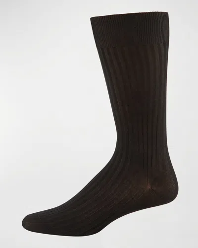 Pantherella Men's Danvers Ribbed Cotton Mid-calf Socks In Black