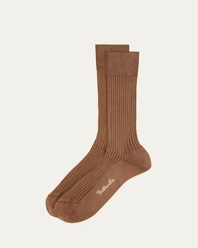 Pantherella Men's Danvers Ribbed Cotton Mid-calf Socks In Brown