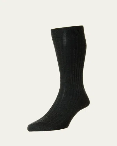 Pantherella Men's Laburnum Ribbed Wool Mid-calf Socks In Black