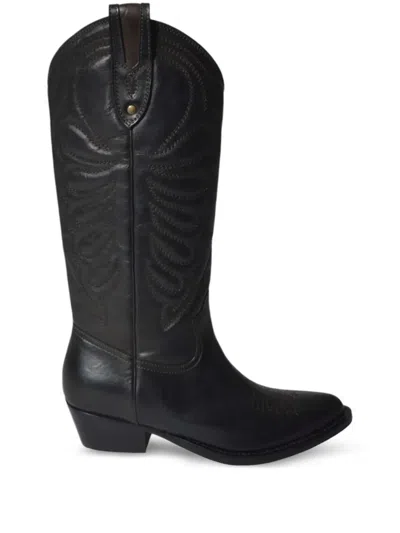 Paola D'arcano Leather Embroidered Boots In Black