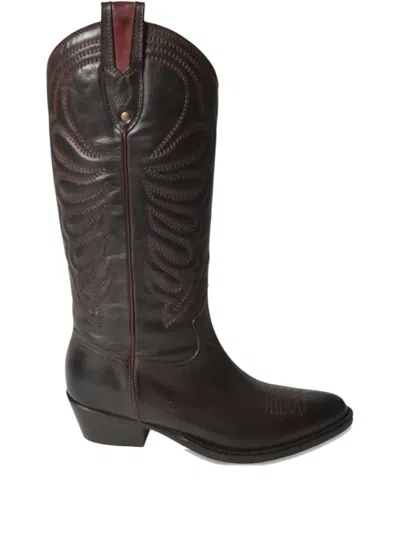 Paola D'arcano Leather Embroidered Boots In Brown