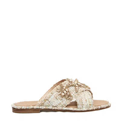 Paola Fiorenza Blue And Pink Bouclè Slipper With Rhinestones In White
