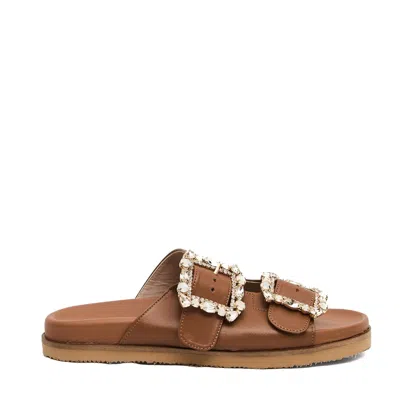 Paola Fiorenza Leather Slipper Buckles Rhinestones In Brown