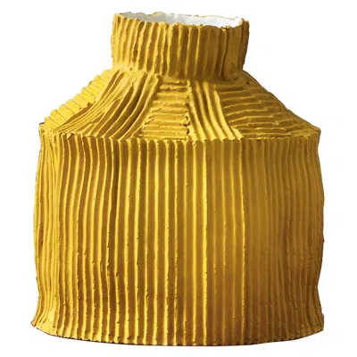 Pre-owned Paola Paronetto Contemporary Ceramic Cartoccio Texture Fide Yellow Vase