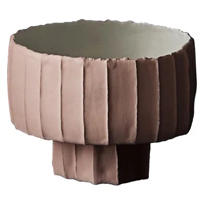 Pre-owned Paola Paronetto Contemporary Ceramic Ninfea Corteccia Texture Beige And White Footed Bowl