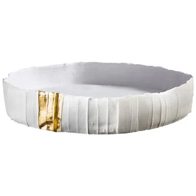 Pre-owned Paola Paronetto Contemporary Ceramic Ninfea Corteccia Texture White And Gold Tray