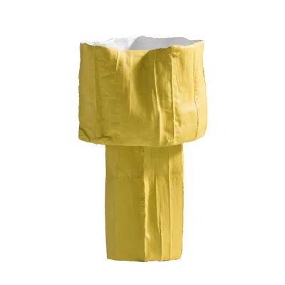 Pre-owned Paola Paronetto Contemporary Ceramic Ninfea Footed Bowl Corteccia Texture Yellow