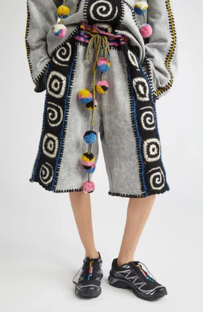 Paolina Russo Crochet Embellished Bermuda Shorts In Cement/rainbow