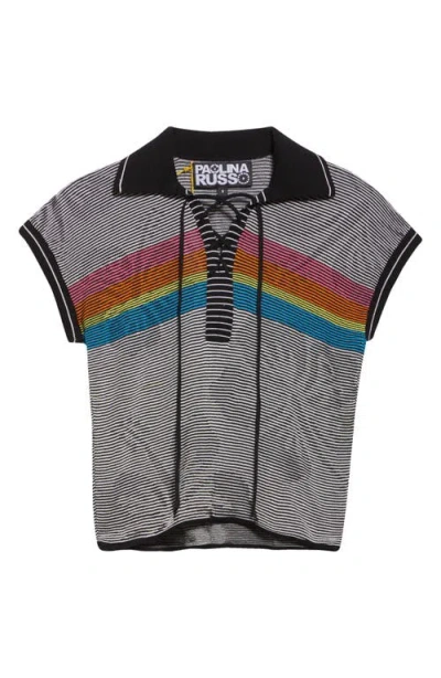 Paolina Russo Illusion Knit Lace-up Polo In Black/rainbow