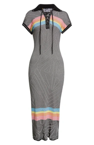 Paolina Russo Illusion Knit Lace-up Polo Maxi Dress In Black/rainbow