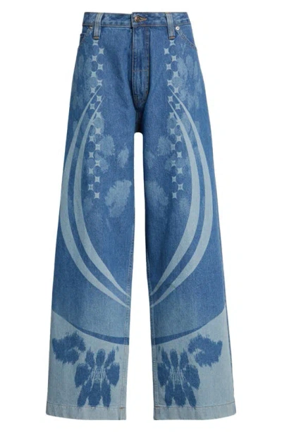 Paolina Russo Printed Baggy Wide Leg Jeans In Blue Denim