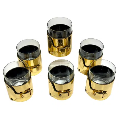 Pre-owned Paolo Gucci 6 Italian Gold-plated Leather Horsebit Old Fashioned Glasses, Style Of Gucci In Sand