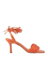 Paolo Mattei Woman Sandals Orange Size 7 Leather, Natural Raffia