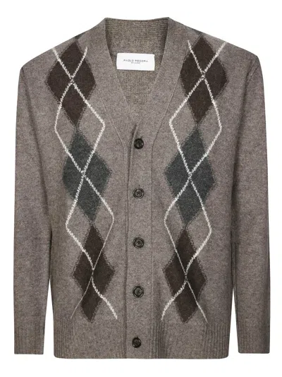 Paolo Pecora Argyle Pattern Cardigan In Muted Taupe In Multi