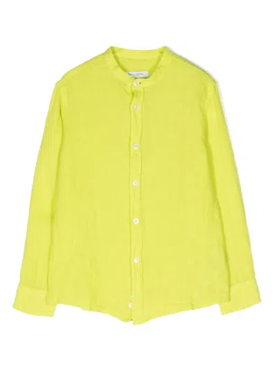 Paolo Pecora Kids' Band-collar Linen Blend Shirt In Green