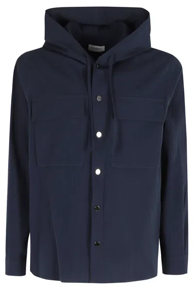 Paolo Pecora Blue Hooded Button-cuffs Cotton-blend Casual Shirt