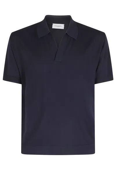 Paolo Pecora Blue Knitted Buttonless Cotton Polo Shirt In Black