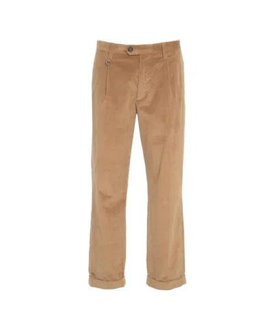 Paolo Pecora Brown Corduroy Trousers With Elegant Pleats And Turned-up Hem In Nude