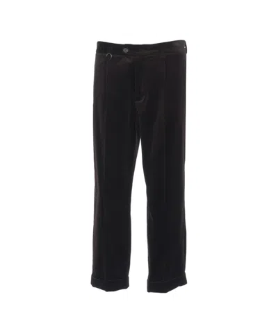 Paolo Pecora Brown Velvet Chino Pants With Pressed Pleats And Turned-up Hem In Black