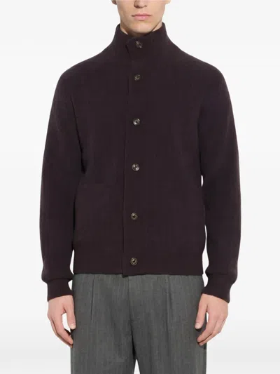 Paolo Pecora Chevron-knit High-neck Cardigan In Burgundy