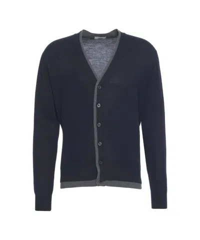 Paolo Pecora Classic V-neck Fine-knit Cardigan With Contrasting Trim In Blue