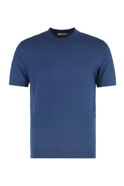 Paolo Pecora Cotton Short-sleeve Sweater With Ribbed Knit Edges In Blue