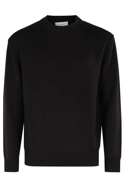 Paolo Pecora Classic Crew Neck Sweater In Soft Blue Wool In Black