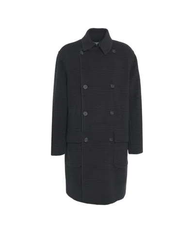 Paolo Pecora Double-breasted Nero Checkered Wool Coat In Black