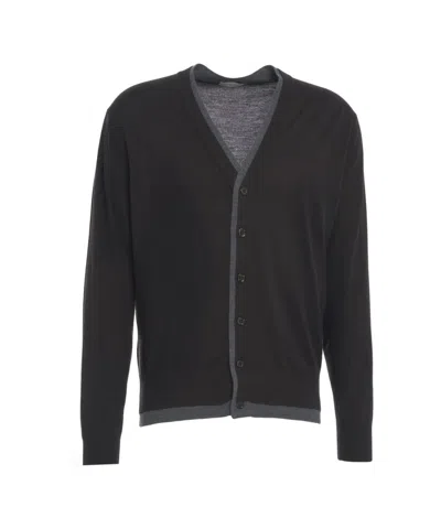 Paolo Pecora Fine-knit Cardigan With Classic V-neck And Contrast Trim In Black