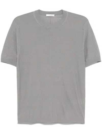 Paolo Pecora Grey Slub Knit T-shirt With Decorative Stitching In Animal Print