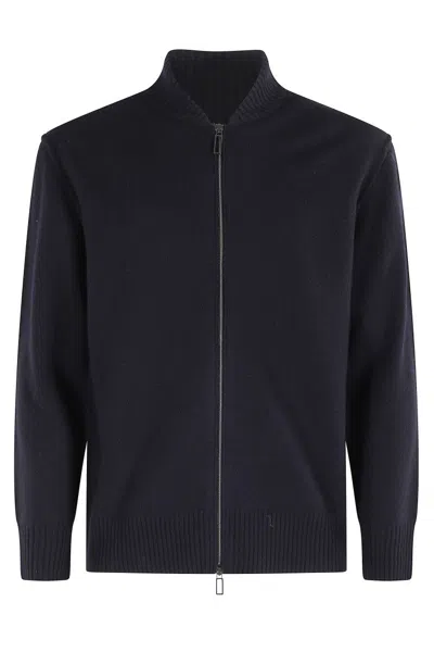 Paolo Pecora High Collar Blue Wool Cardigan In Black