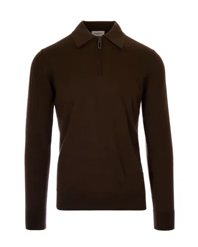 Paolo Pecora Long-sleeve Virgin Wool Polo With Ribbed Details In Brown