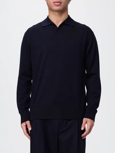 Paolo Pecora Long-sleeved Wool Knit Polo With Classic Collar In Blue