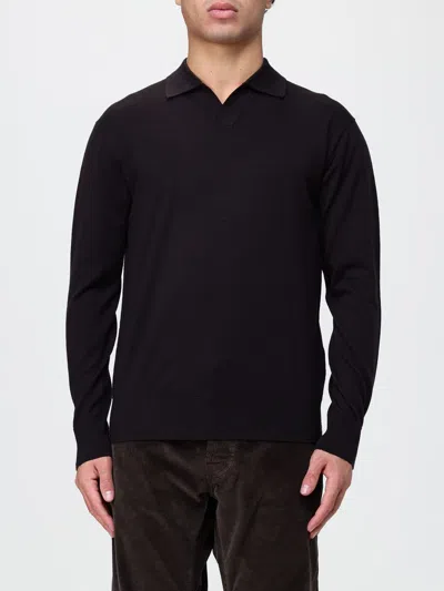 Paolo Pecora Long-sleeved Wool Knit Polo With Classic Collar In Brown