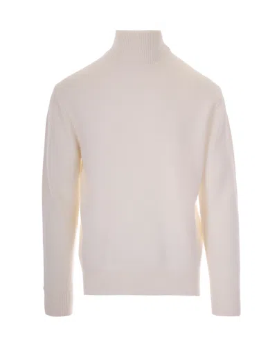 Paolo Pecora High Neck Sweater In Pure Virgin Wool With Ribbed Edges In Neutral
