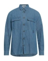 Shop Paolo Pecora Man Denim Shirt Blue Size Xl Cotton, Linen