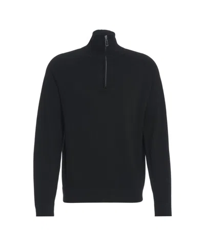 Paolo Pecora Mock Neck Half-zip Knit Sweater With Ribbed Details In Black
