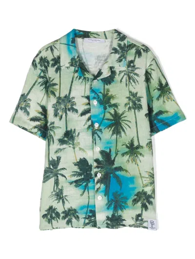 Paolo Pecora Kids' Palm Tree-print Linen Blend Shirt In Green