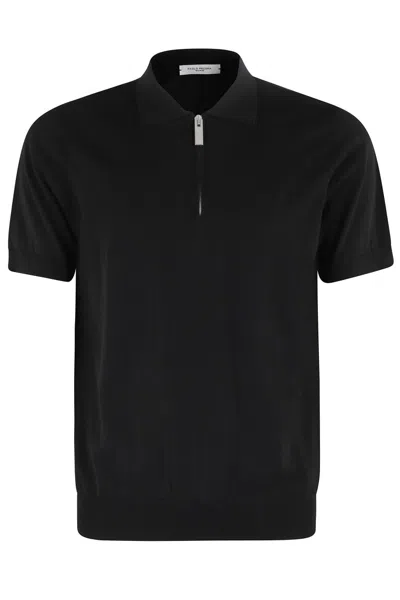 Paolo Pecora Polo Shirt With Zip Collar And Ribbed Trims In Black
