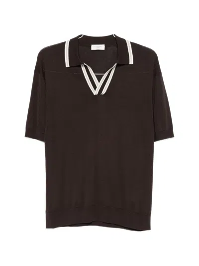 Paolo Pecora Short Sleeve Cotton Knit Polo With Collar And V-neck In Brown