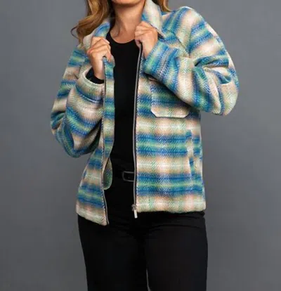 Papa Fashions Plaid Tweed Zip Up Jacket In Blue / Green / Taupe